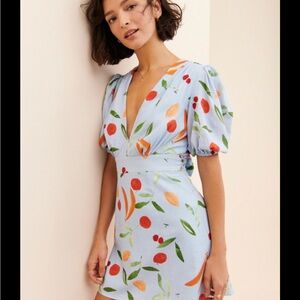 Finders Keepers Light Blue Fruit-Print Wrap Mini Dress